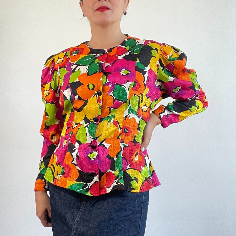 Vintage 80s Floral Puff Sleeve Shirt Size 8 US